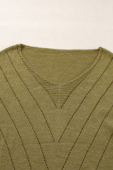 Sage Green Solid Eyelet Drop Shoulder V Neck Sweater