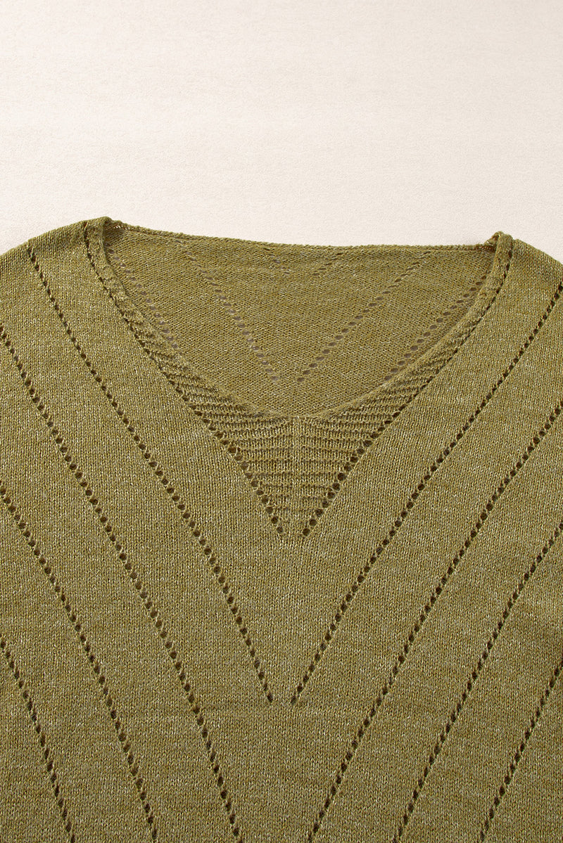 Sage Green Solid Eyelet Drop Shoulder V Neck Sweater