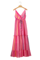 Pink Western Printed Tassel Tie V Neck Wrap Maxi Dress