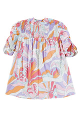 Pink Abstract Print Bubble Sleeve Smock Detail Blouse