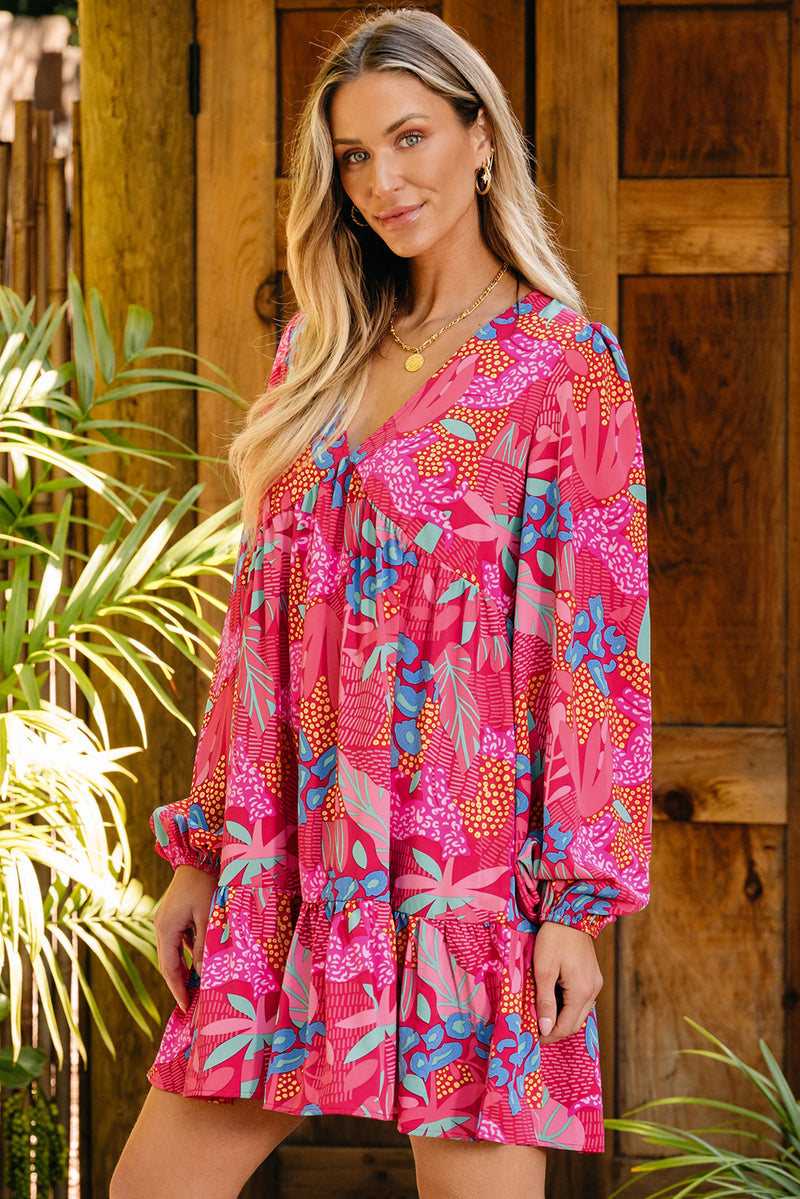 Rose Floral Print V Neck Bubble Sleeve Ruffled Mini Dress