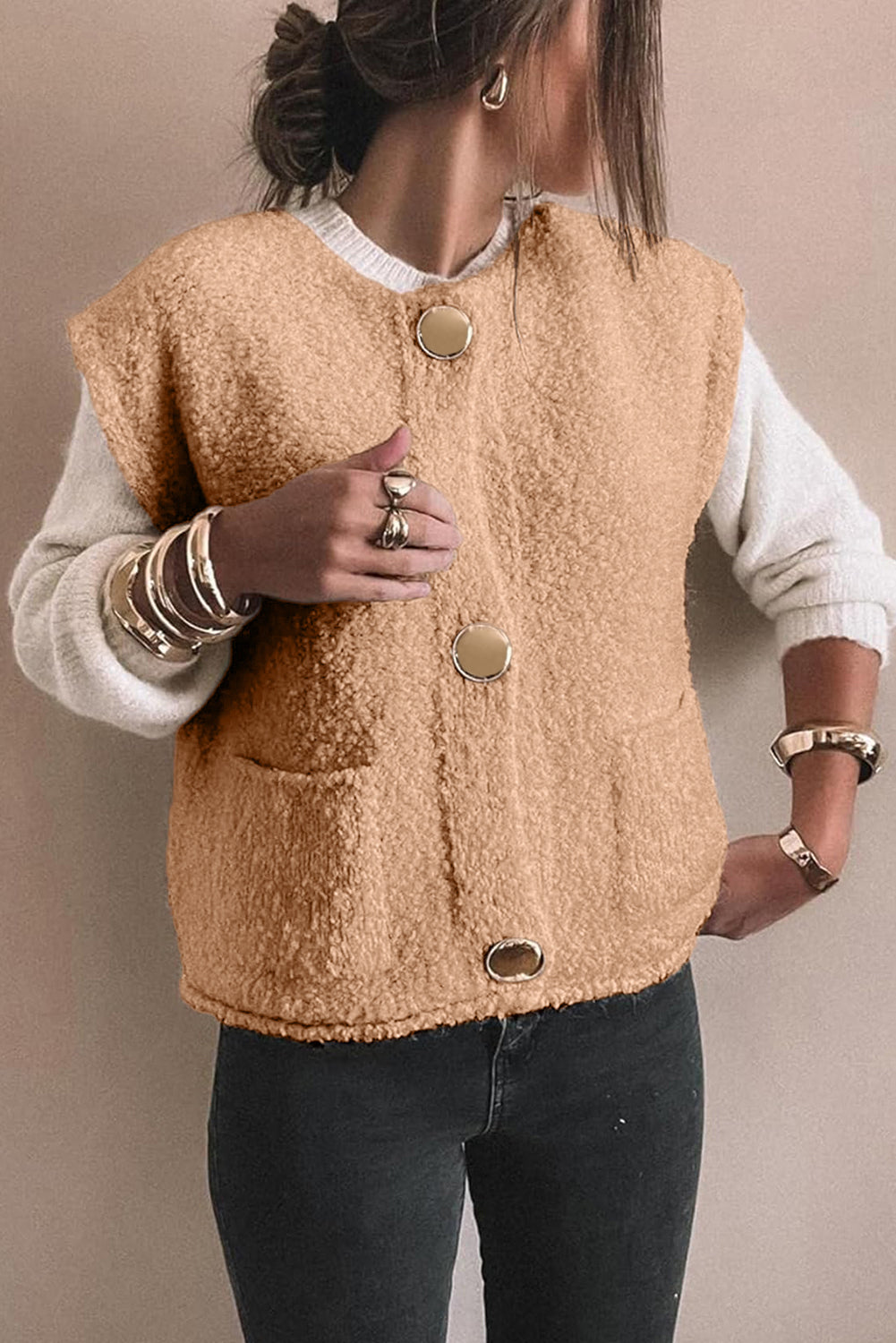 Light French Beige Big Button Accent Fuzzy Pocket Vest