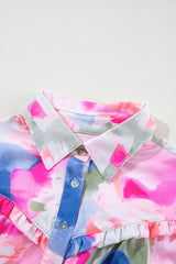 Multicolour Abstract Printed Lantern Sleeve Frilled Button Front Collared Shirt