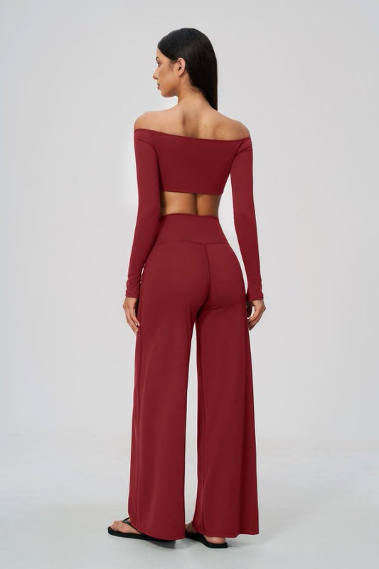 Off-Shoulder Long Sleeve Crop Top and High Waisted Wide Leg