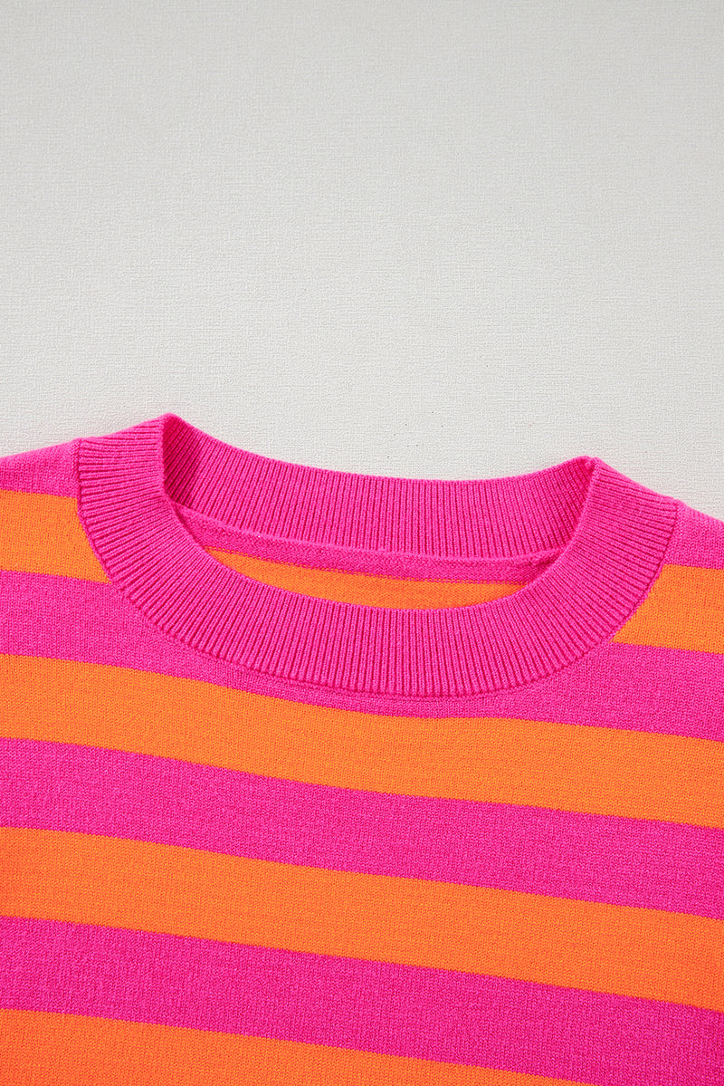 Rose Stripe Shoulder Pad Round Neck Sweater