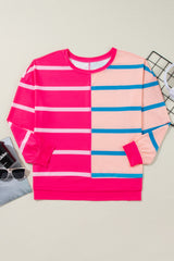 Rose Stripe Color Block Crewneck Long Sleeve Plus Size T Shirt