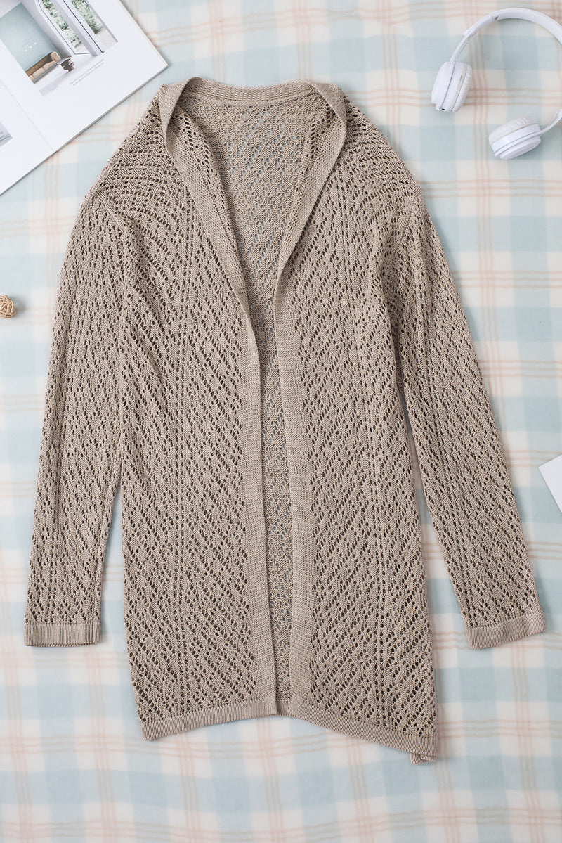 Smoke Gray Solid Color Pointelle Knit Open Front Cardigan