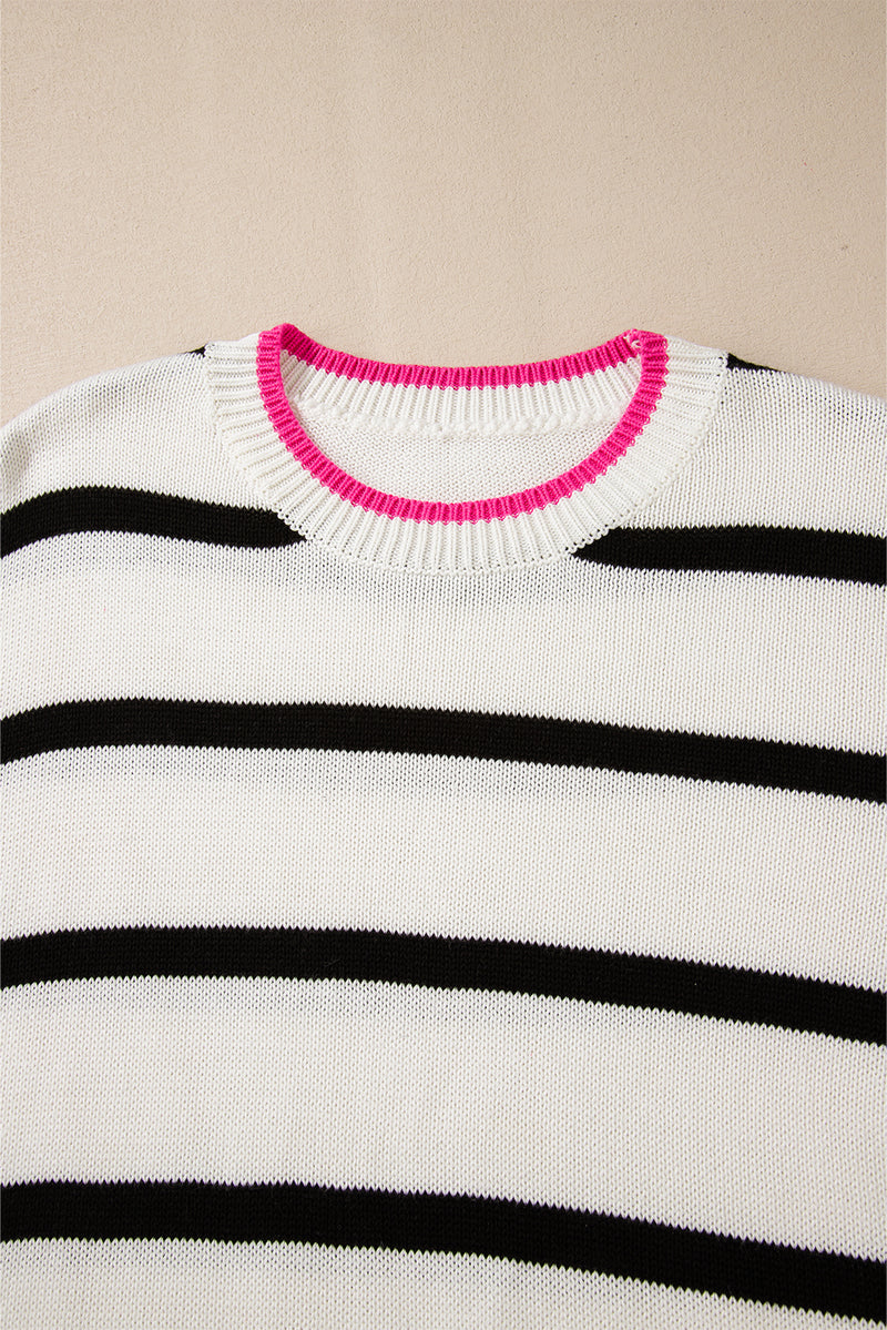 White Stripe Color Contrast Drop Shoulder Crew Neck Sweater