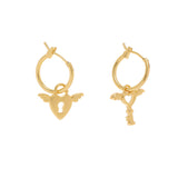 <div id="offer-template-0">These 18K gold plated stainless steel earrings are the cutest addition to your jewelry collection. These earrings have detachable charms that you can interchange with other SOCALI charms. Cute angel wing detailing on the lock and key.&nbsp;</div> <div></div> <div> <p>Material: 18K Gold Plated Stainless Steel</p> </div>