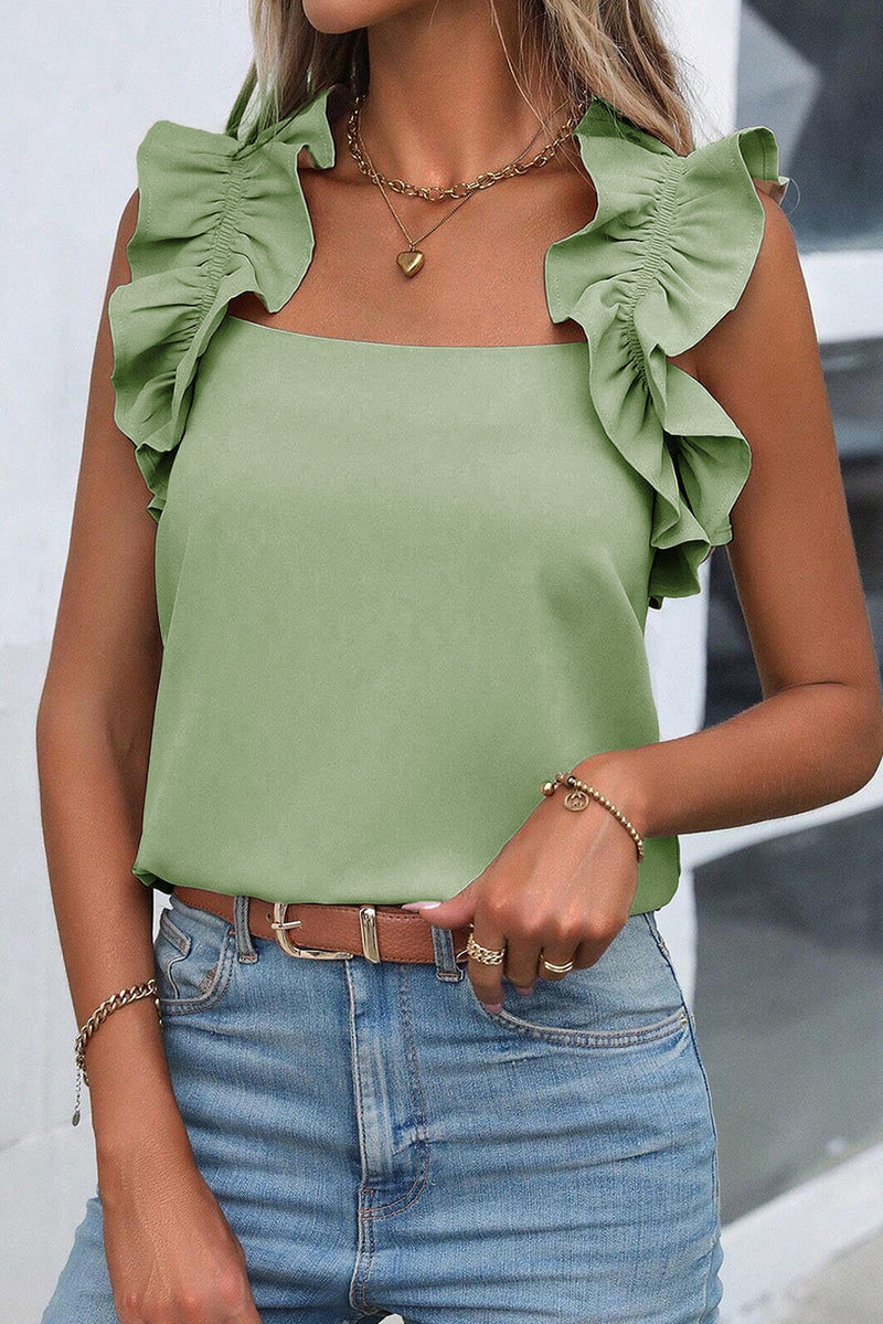 Smoke Green Solid Ruffle Trim Sleeveless Top