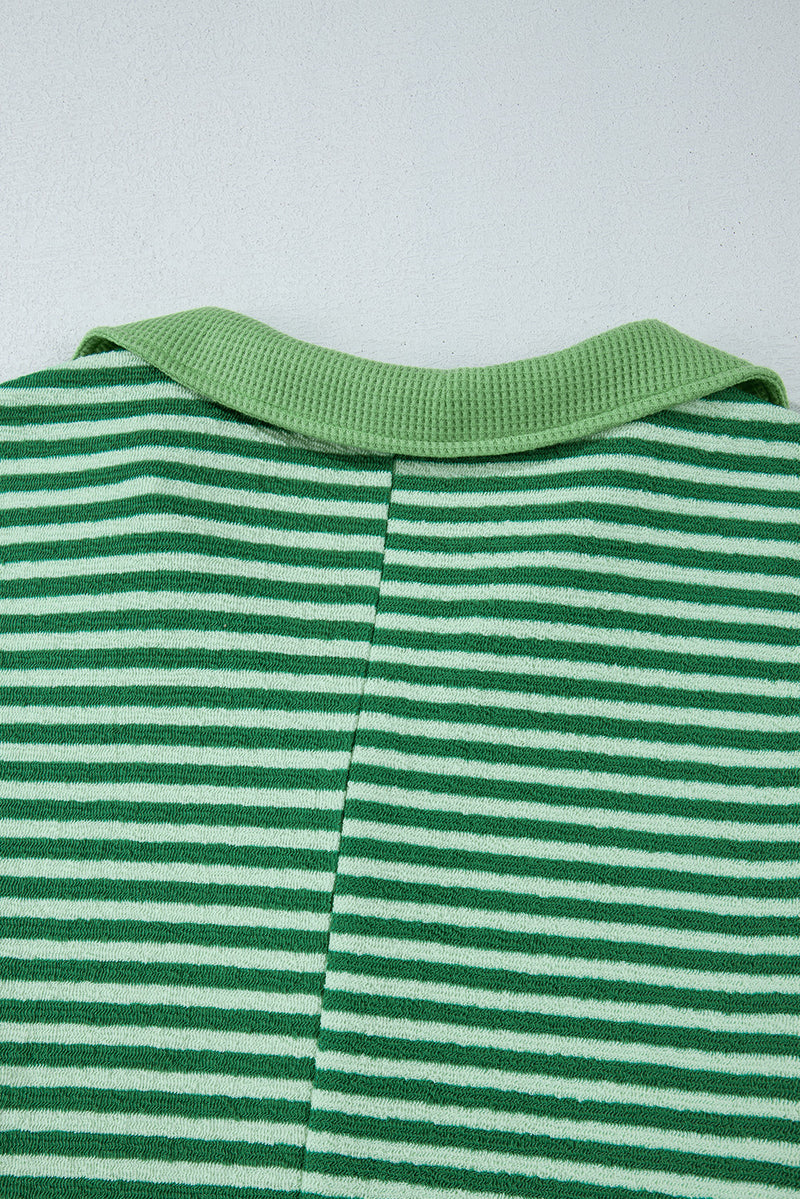 Green Stripe Turn-Down V Neck Patchwork Loose Top