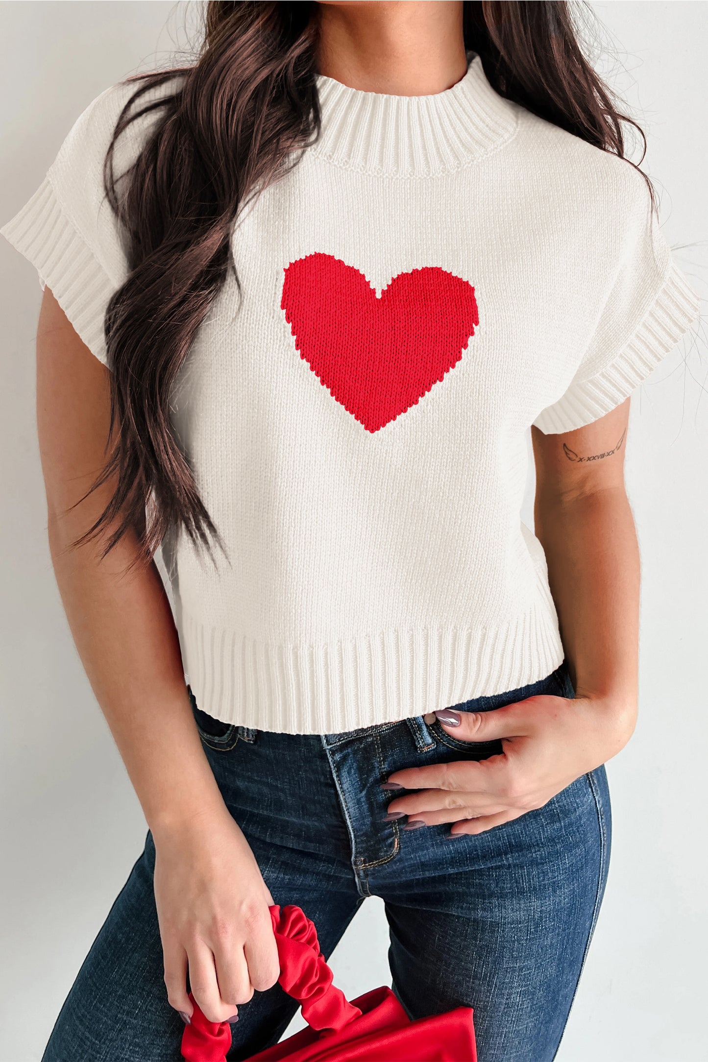White Valentine Heart Graphic Cropped Short Sleeve Sweater