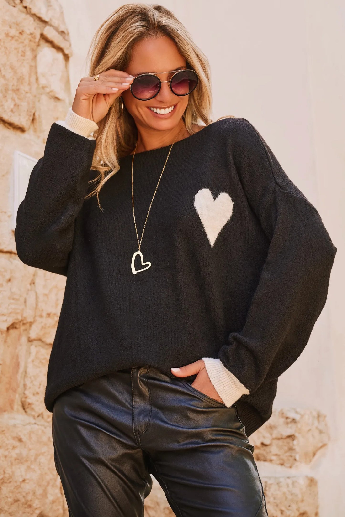 Black Heart Detail Contrast Cuffs Baggy Sweater