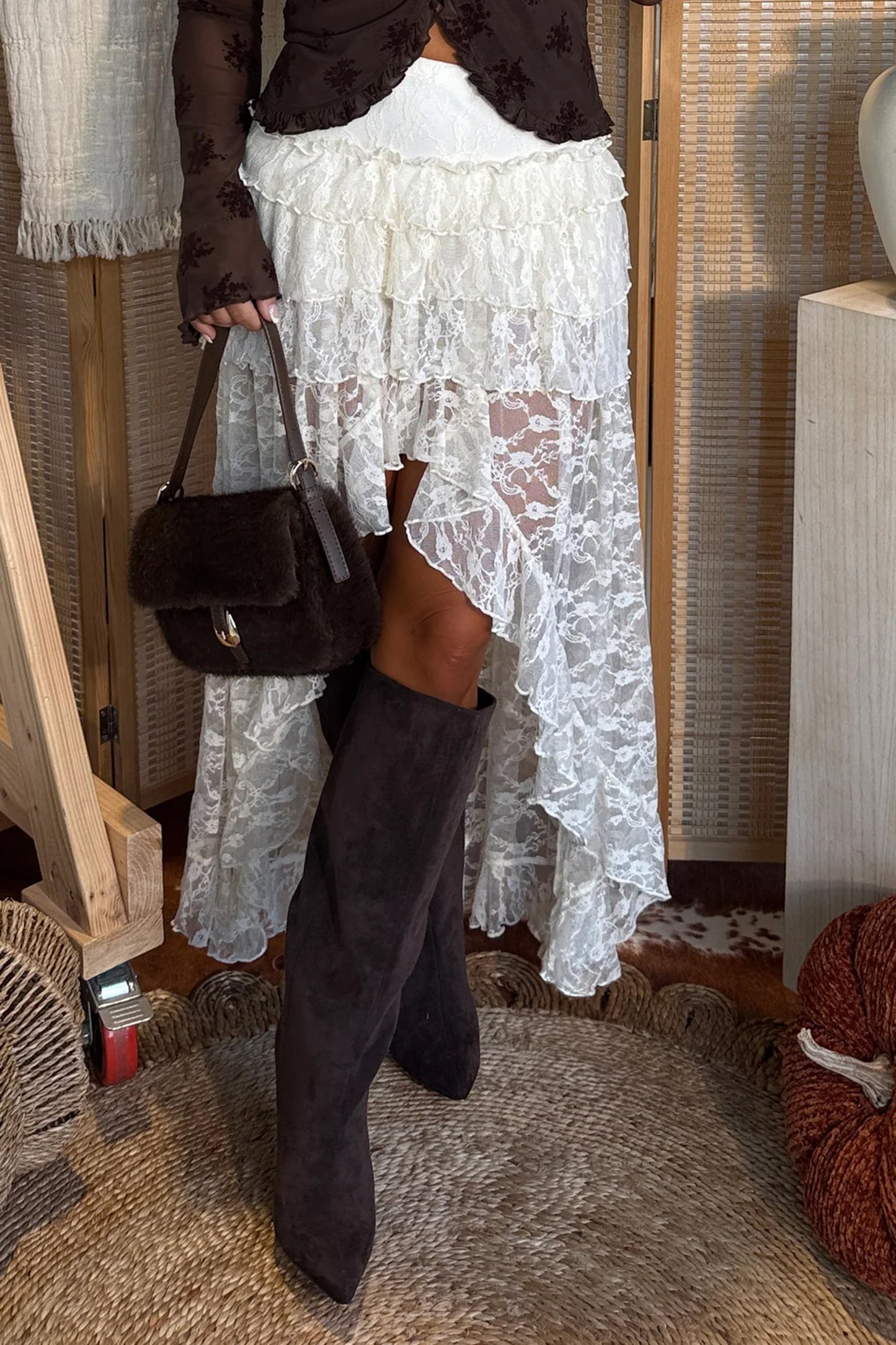 White Sheer Lace Frilly Ruffles High Low Long Skirt