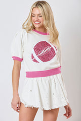 Pink Sequin Rugby Color Block Puff Short Sleeve Sweater