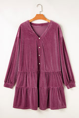 Meadow Mauve Plus Size Textured Velvet Tiered Buttons Tiered Dress