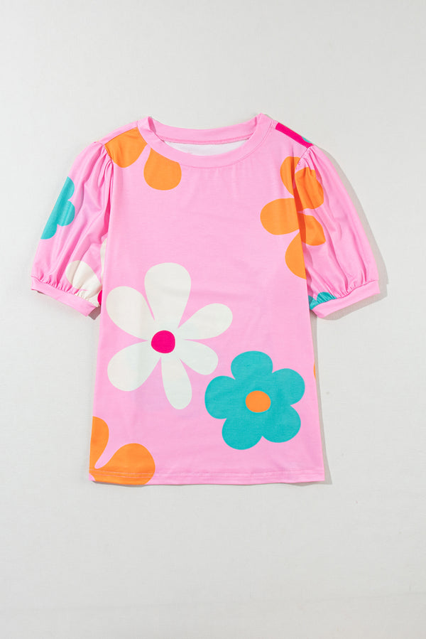 Pink Flower Print Bubble Sleeve Tee