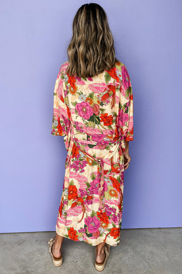 Pink Floral Allover Print Open Front Belted Duster Kimono