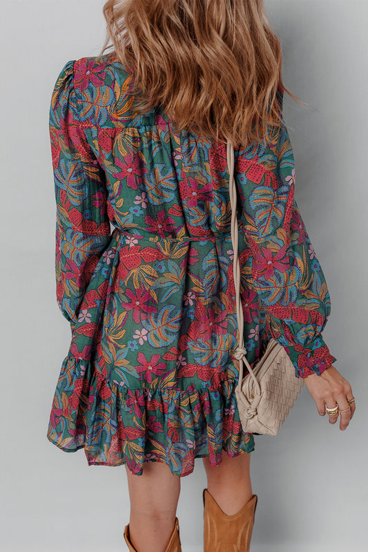 Green Floral Friled V Neck Puff Sleeve Ruffled Shirt Dress