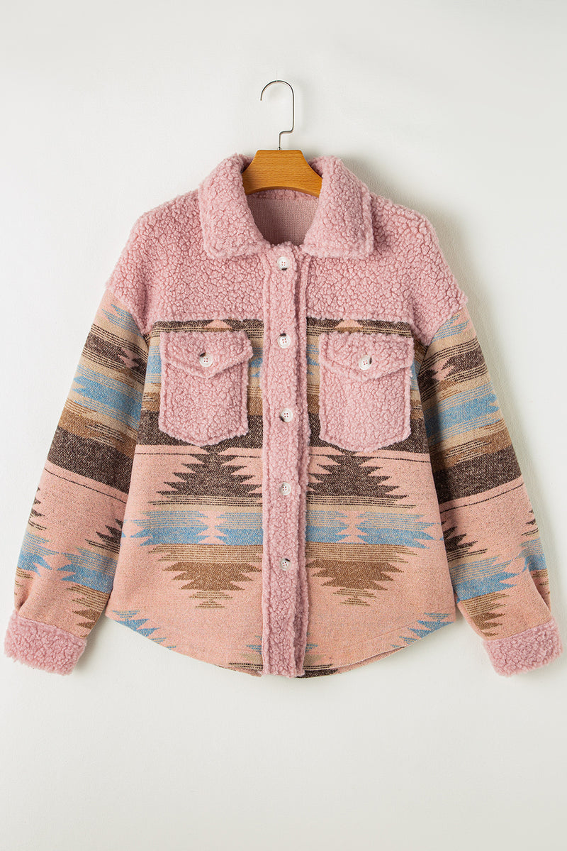 Pink Western Aztec Print Sherpa Splicing Buttoned Flap Pocket Coat