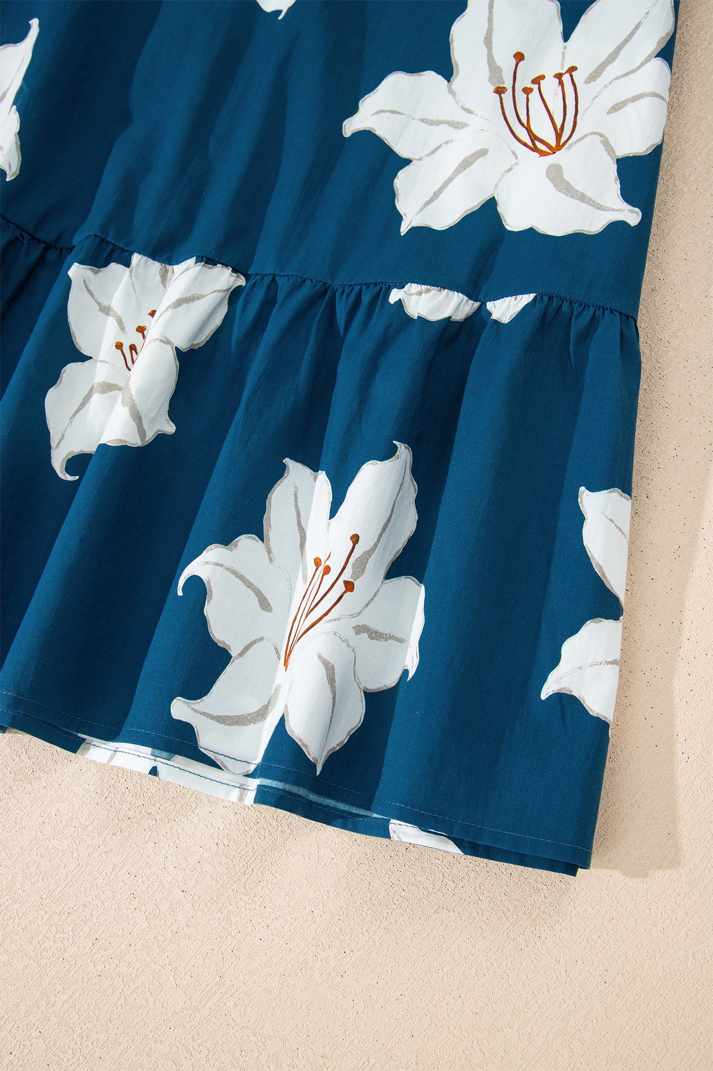 Blue Floral Print Shirt Collar V Neck 3/4 Sleeve Shift Midi Dress