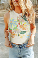 Beige Floral Crew Neck Crop Tank Top