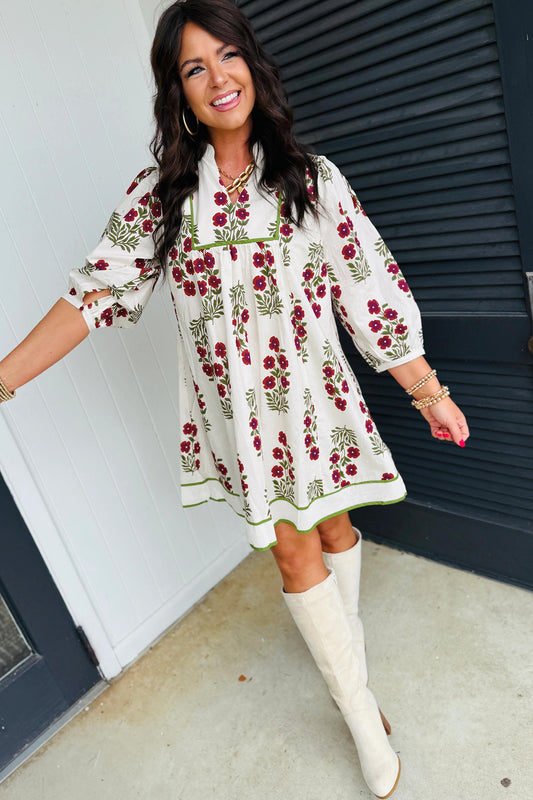 White Frilled V Neck 3/4 Sleeve Loose Floral Dress