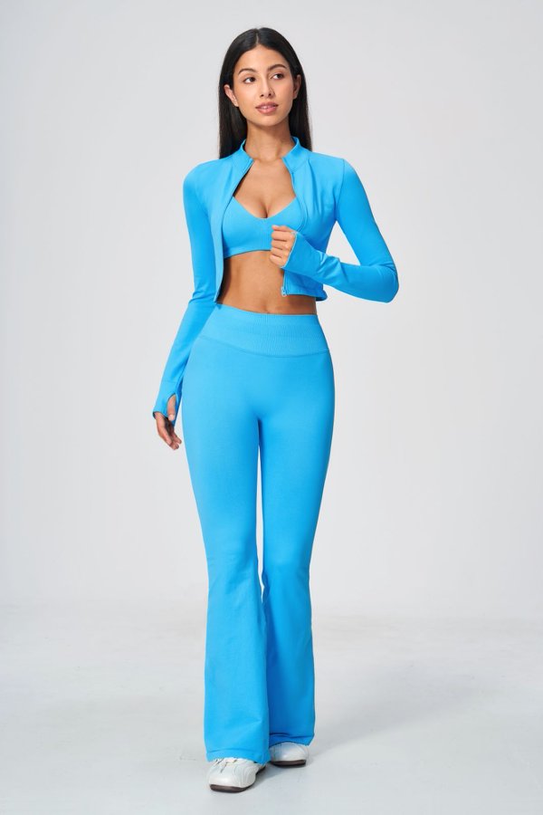 Sporty Bra& High Waisted Flare Pants with Crop Jacket Set