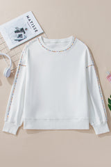 White Contrast Rainbow Trim Drop Shoulder Pullover Sweatshirt