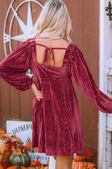 Red Tie Back Square Neck Velvet Babydoll Dress