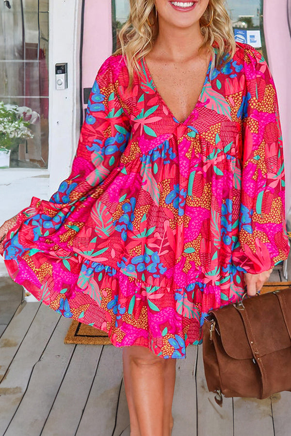 Rose Tropical Printed Lantern Sleeve V Neck Ruffled Plus Size Mini Dress