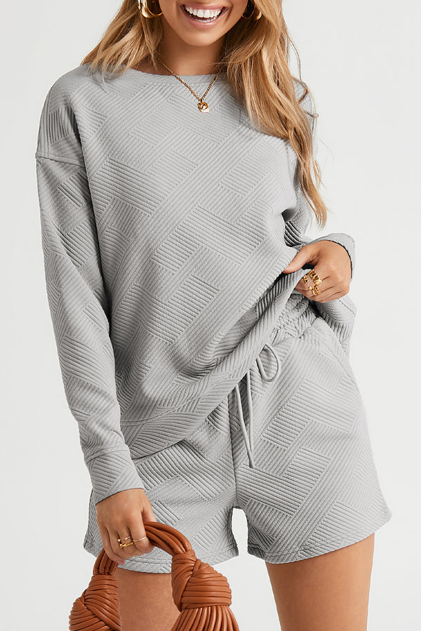 Gray Textured Long Sleeve Top and Drawstring Shorts Set