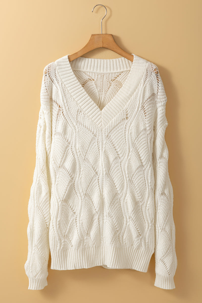 Beige Hollow Out Knit V Neck Drop Shoulder Sweater