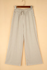 Khaki Stripe Print Wide Leg Drawstring Pants