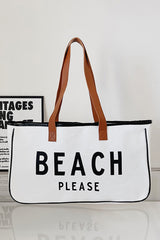 White BEACH PLEASE Print Large Canvas Tote Bag