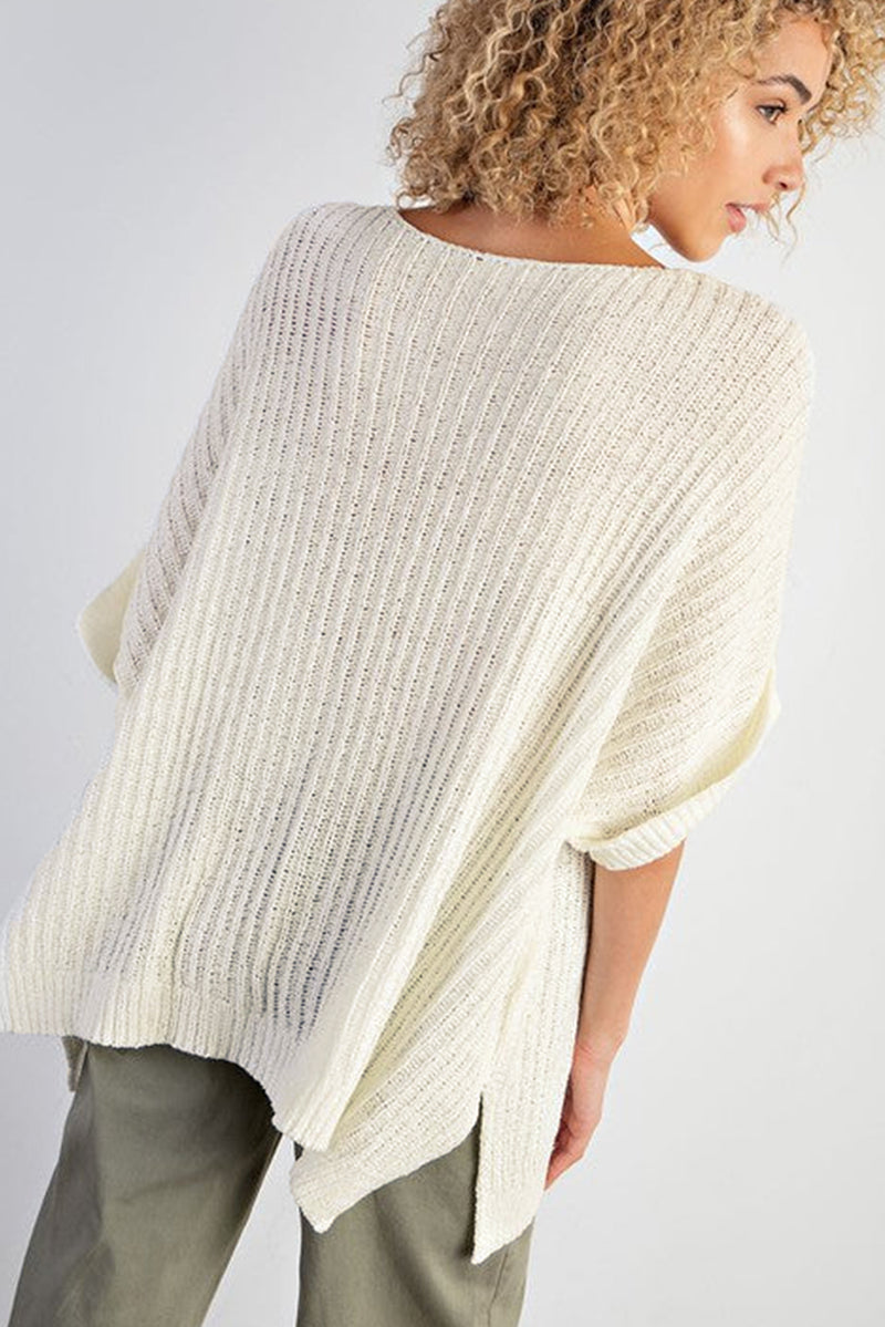 White Rolled Cuffs Loose Knit Tee with Slits