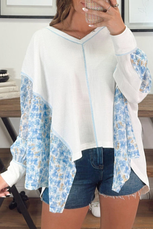 White Abstract Floral Patchwork Batwing Sleeve V Neck Blouse