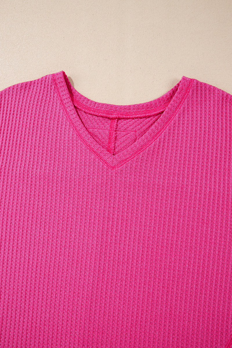 Bright Pink Waffle V Neck Long Sleeve Drop Shoulder Loose Blouse