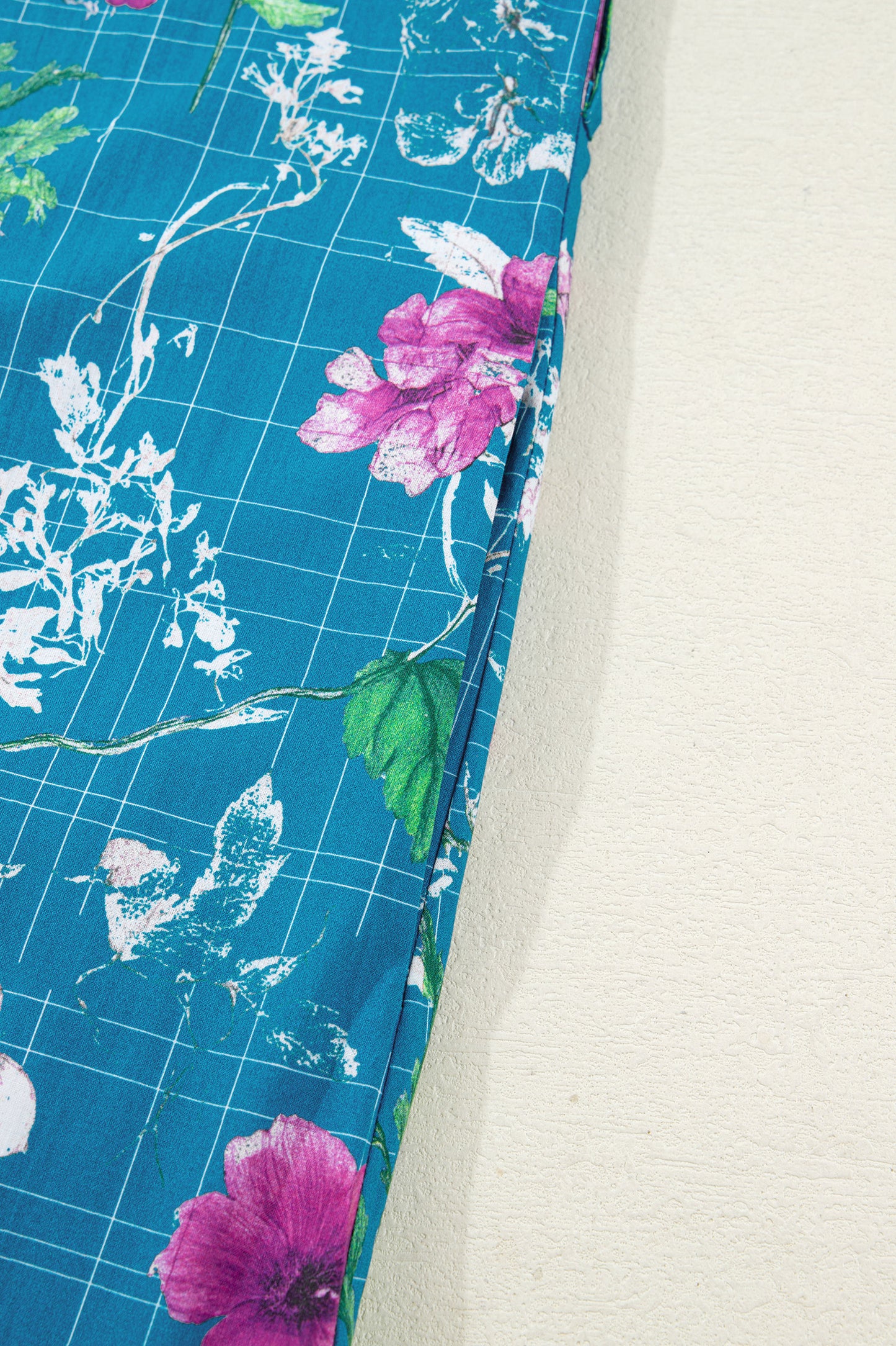 Blue Floral Flutter Sleeve Button Tie Split Neck Belted Long Dress