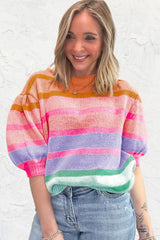 Rose Red Colorful Stripe Bubble Short Sleeve Sweater