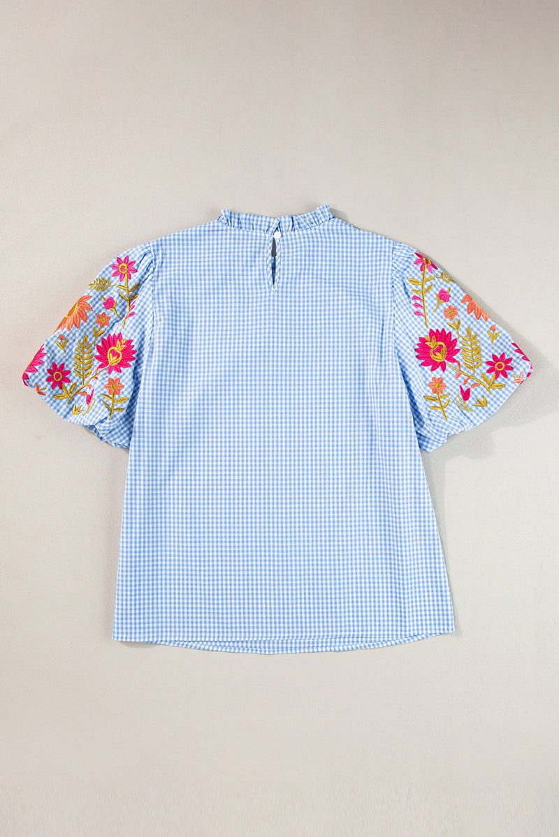 Light Blue Gingham Floral Embroidered Puff Sleeve Blouse