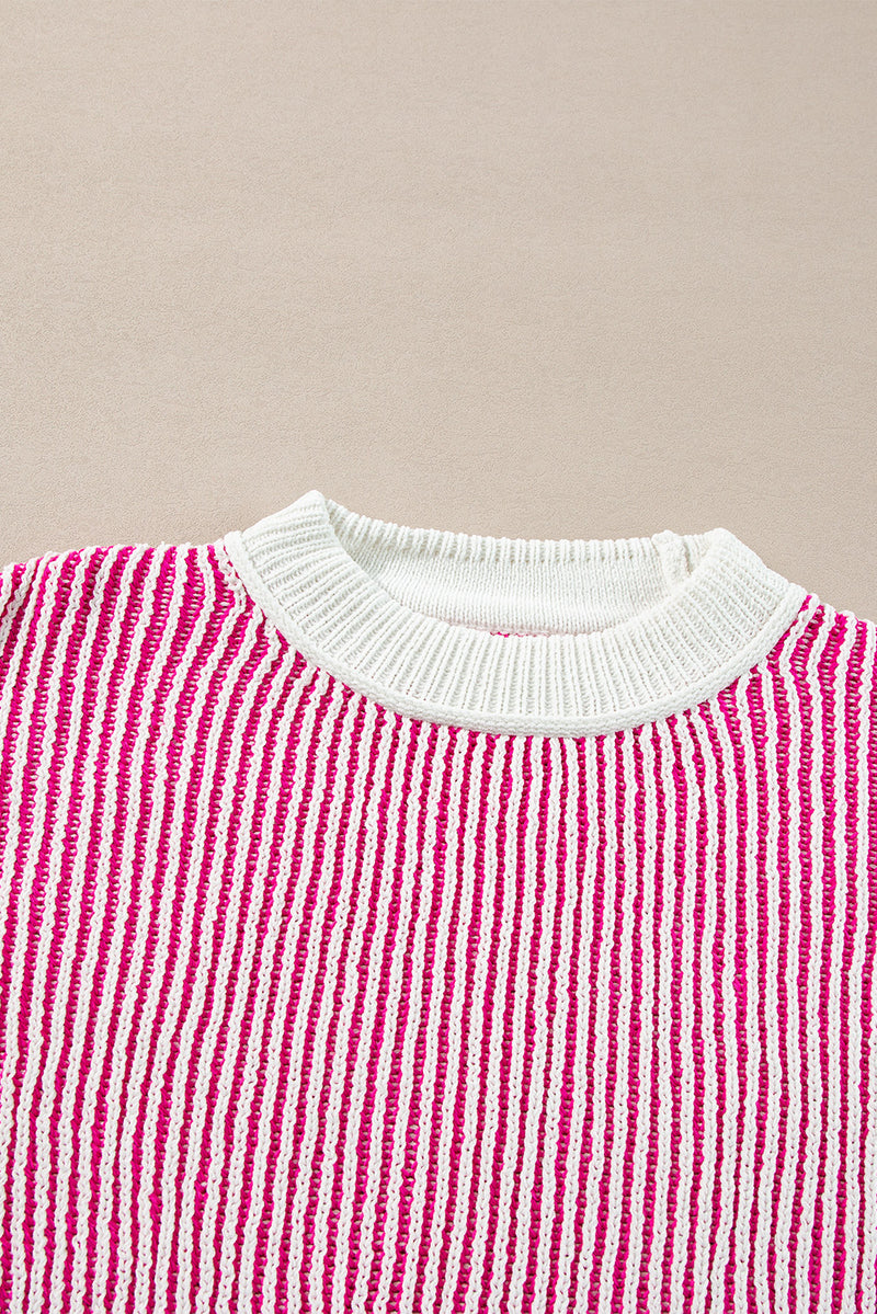 Bright Pink Striped Textured Knit Contrast Edge Loose Sweater