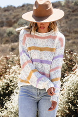 White Colorblock Stripe Lantern Sleeve Sweater