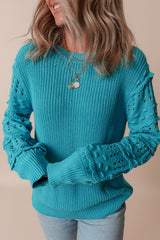 Turquoise Ruffled Eyelet Bubble Sleeve Sweater