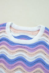 Purple Stripe Wavy Pointelle Knit Drop Shoulder Sweater