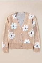 Smoke Gray Floral Print V Neck Knitted Button up Cardigan