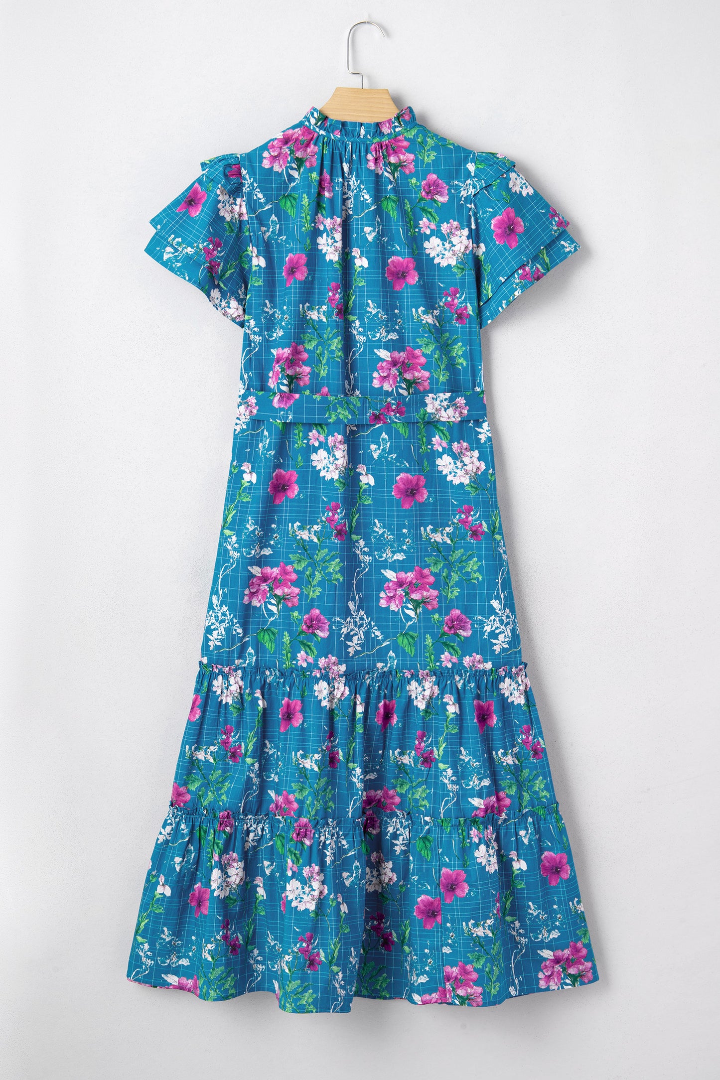 Blue Floral Flutter Sleeve Button Tie Split Neck Belted Long Dress