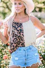 Khaki Leopard Contrast Patchwork Spaghetti Strap Tank Top