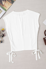 White Side Drawstring Short Sleeve Crew Neck Top