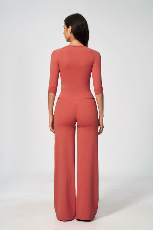 3/4 Sleeve Scoop Neck Top & High Waist Wide Leg Pants Set